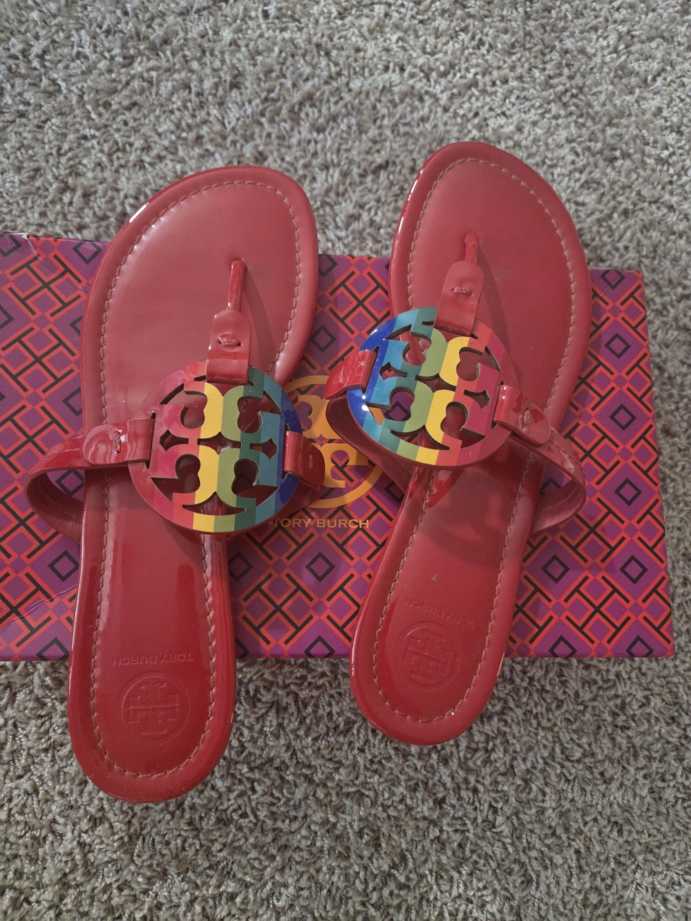 Tory Burch Red Patent Miller Sandals with Rainbow Logo